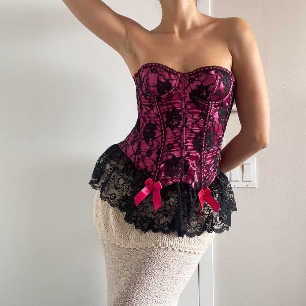 Frederick's of Hollywood | Black & fuchsia pink satin lace corset bows | Size 34